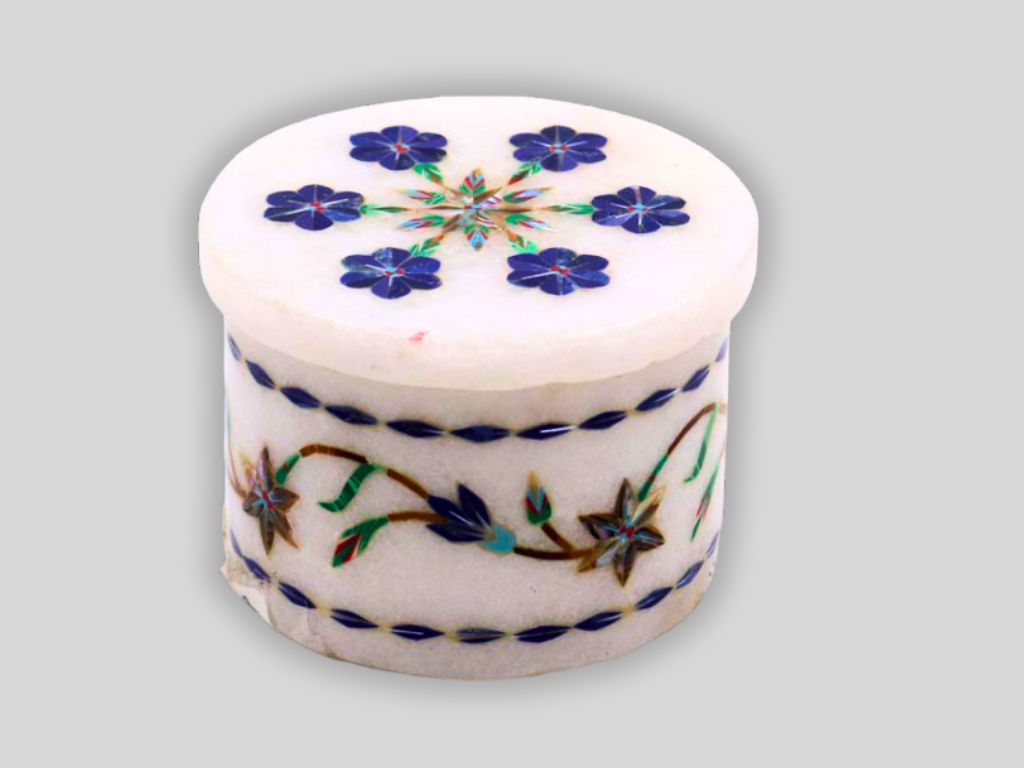 Floral Lapis Stone Inlay Design Round Ring Jewelry Box